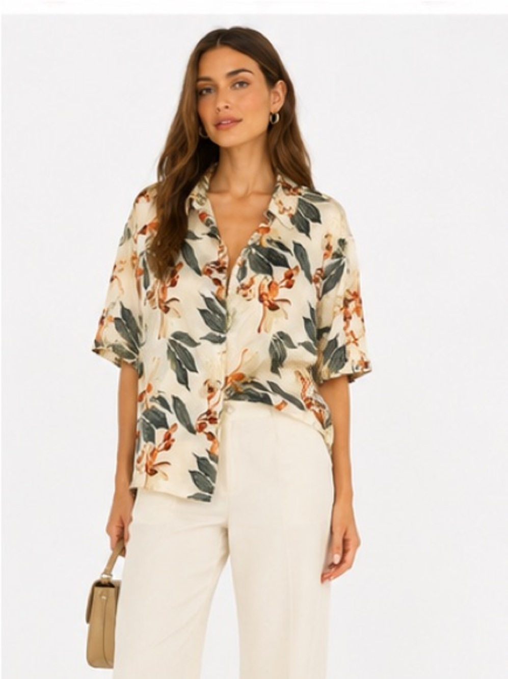 aritzia Babaton Silk Floral Button Up Blouse Cream Botanical Print Relaxed Shirt